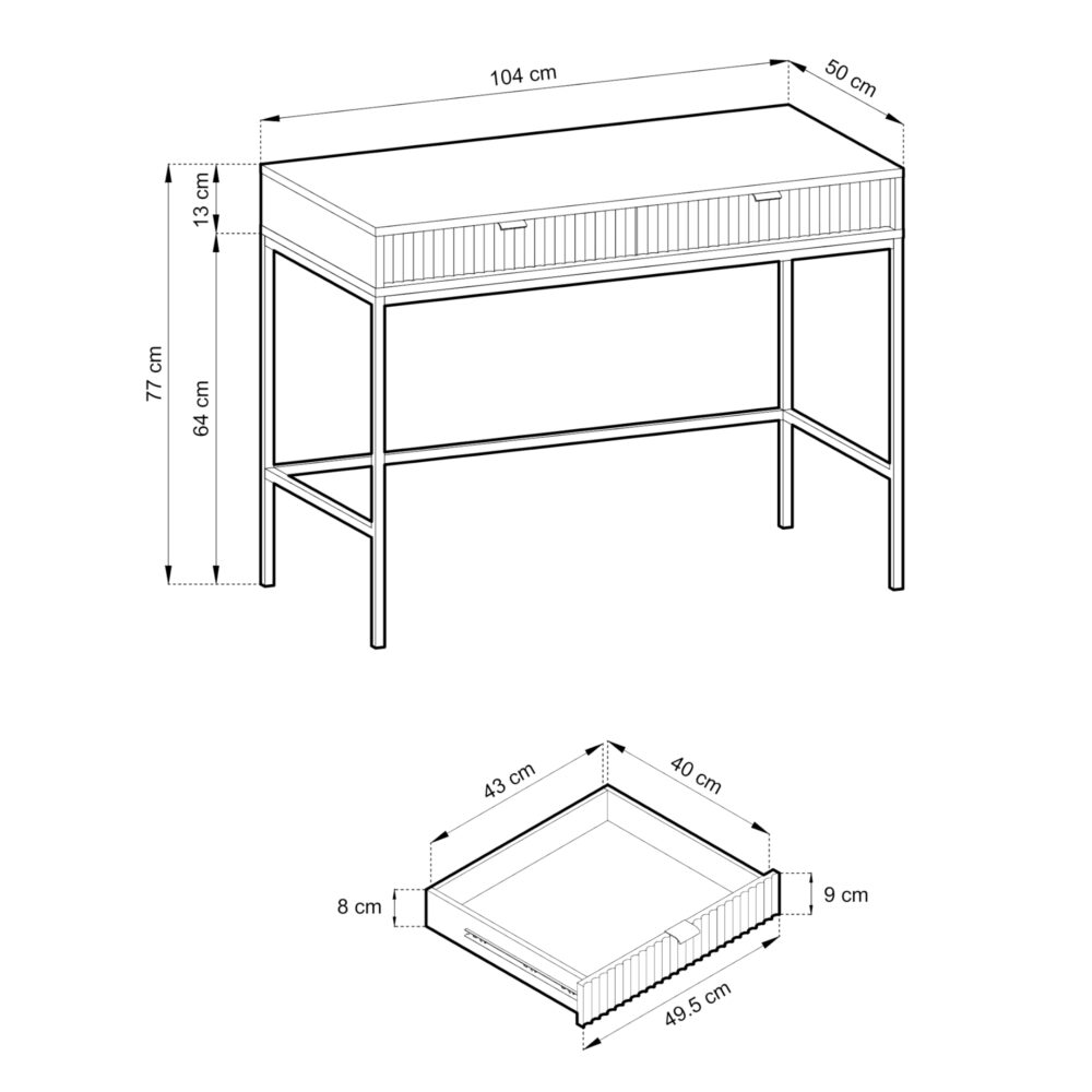 Toaletka NANAIMO - Farbe Eiche - Schwarze Griffe - Zwei Schubladen - Breite 104 cm, Höhe 77 cm, Tiefe 50 cm – Bild 3