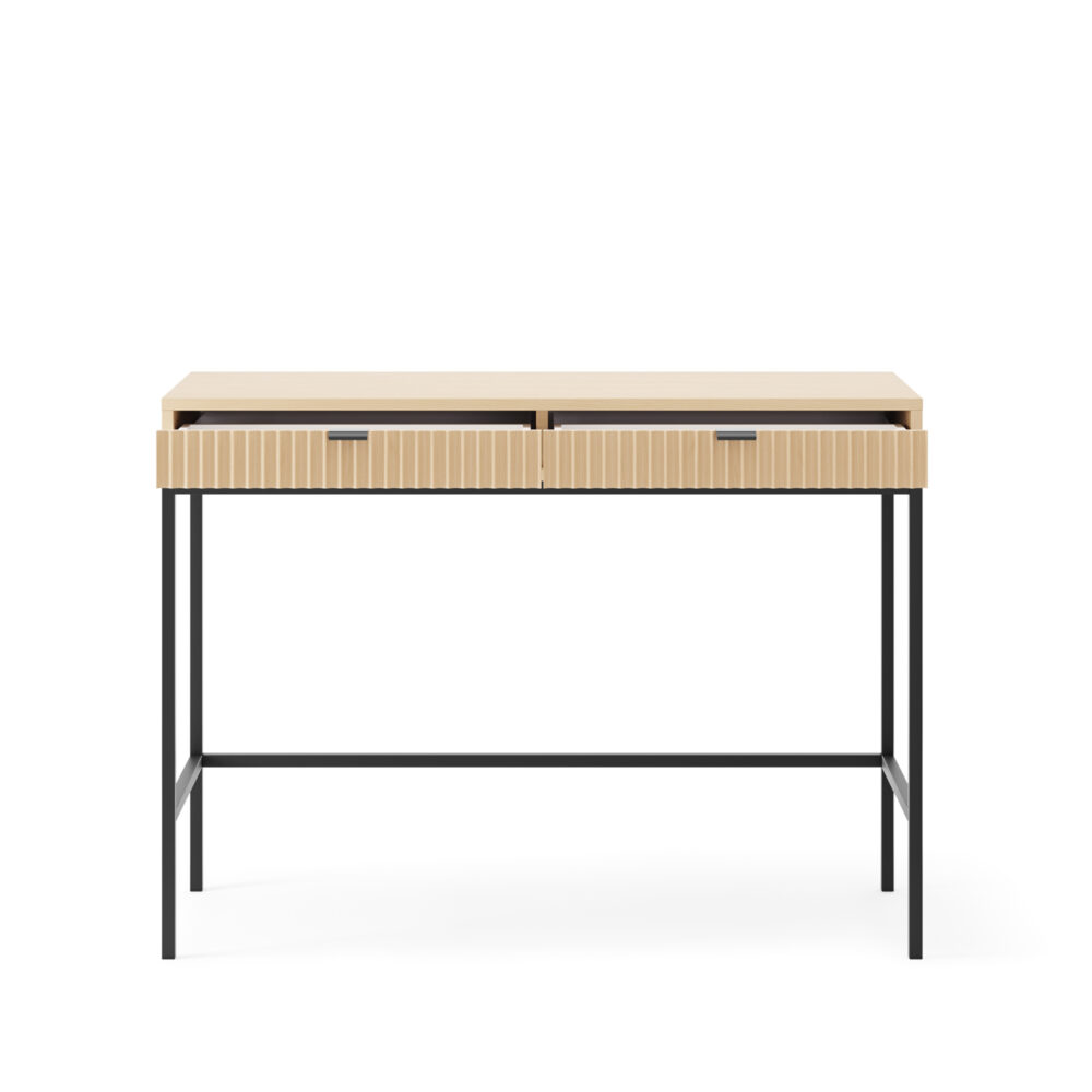 Toaletka NANAIMO - Farbe Eiche - Schwarze Griffe - Zwei Schubladen - Breite 104 cm, Höhe 77 cm, Tiefe 50 cm – Bild 4