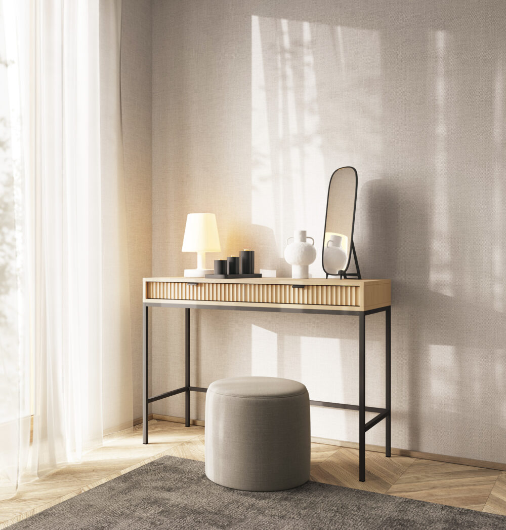 Toaletka NANAIMO - Farbe Eiche - Schwarze Griffe - Zwei Schubladen - Breite 104 cm, Höhe 77 cm, Tiefe 50 cm – Bild 6