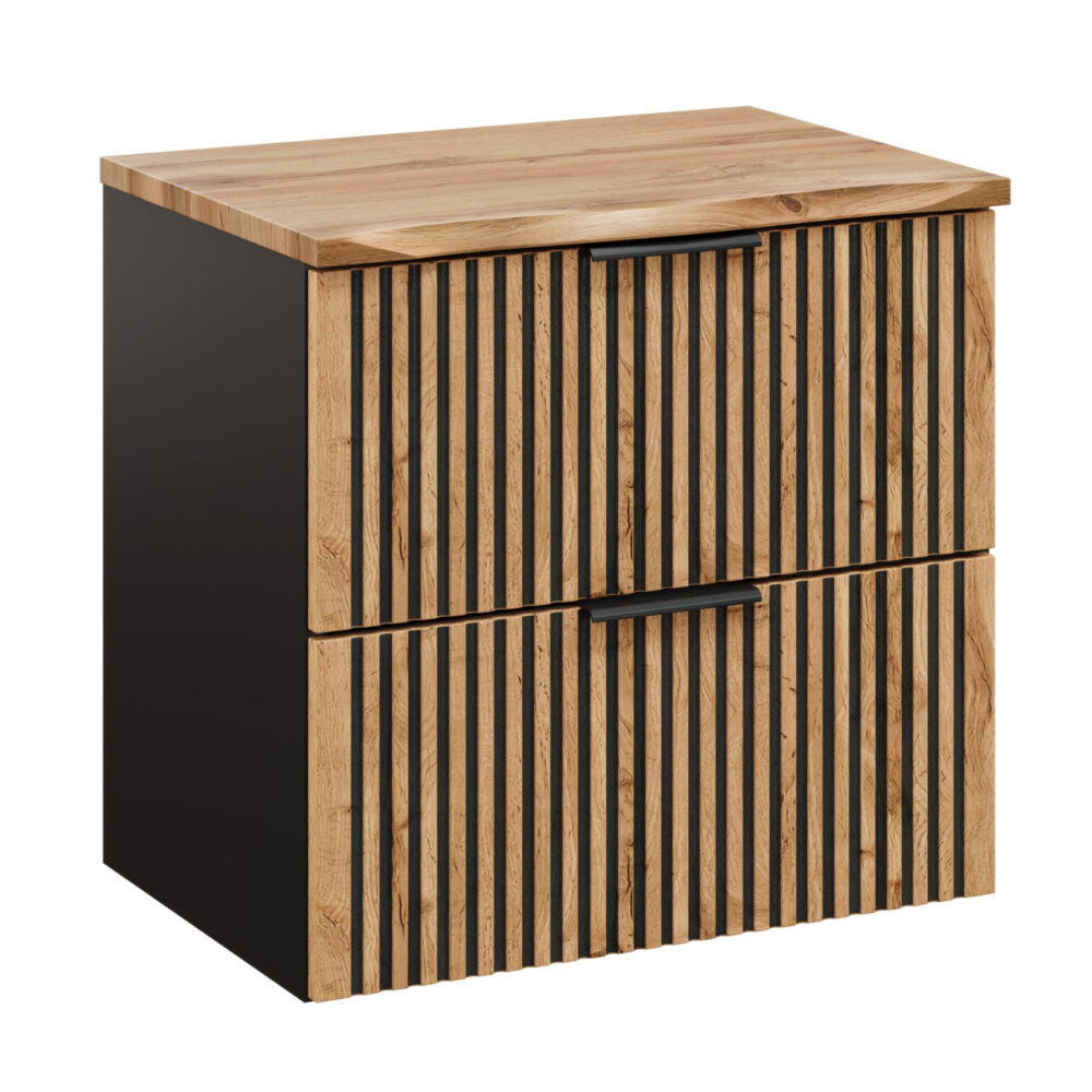Hängeschrank unter dem Waschbecken mit Arbeitsplatte TILO – schwarzer Korpus – gefräste Fronten in Wotan-Eiche – 2 Schubladen – 60 x 60 x 46 cm