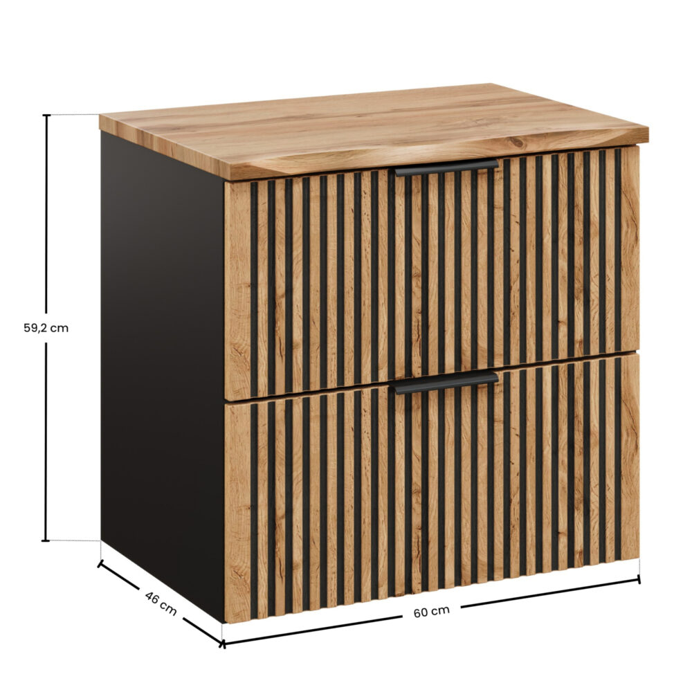 Hängeschrank unter dem Waschbecken mit Arbeitsplatte TILO – schwarzer Korpus – gefräste Fronten in Wotan-Eiche – 2 Schubladen – 60 x 60 x 46 cm – Bild 2