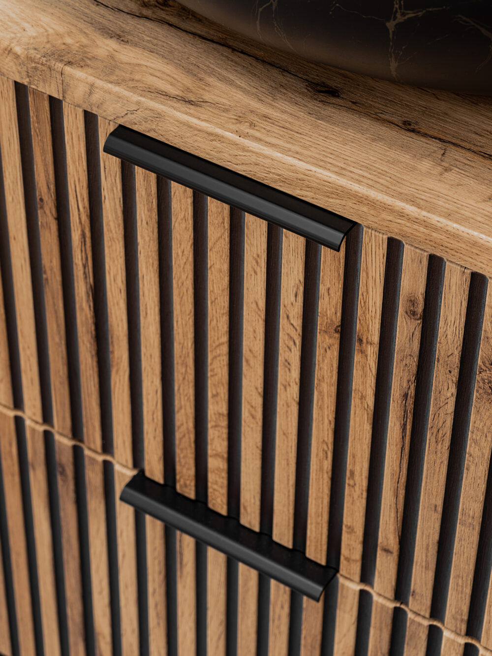 Hängeschrank unter dem Waschbecken mit Arbeitsplatte TILO – schwarzer Korpus – gefräste Fronten in Wotan-Eiche – 2 Schubladen – 60 x 60 x 46 cm – Bild 4