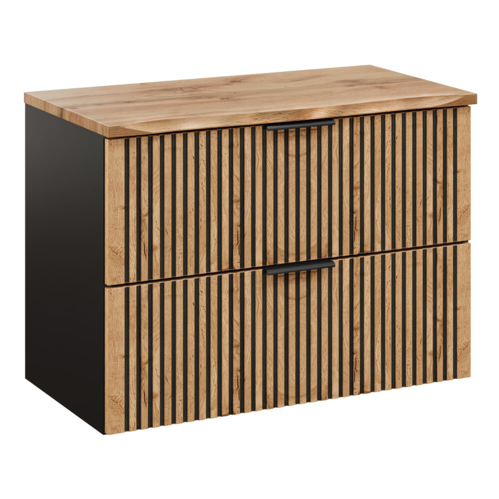 Hängeschrank unter dem Waschbecken mit Arbeitsplatte TILO – schwarzer Korpus – gefräste Fronten in Wotan-Eiche – 2 Schubladen – 80 x 60 x 46 cm