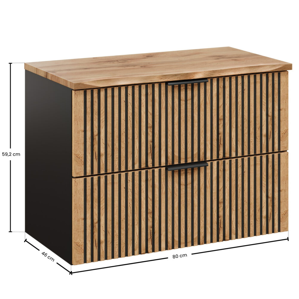 Hängeschrank unter dem Waschbecken mit Arbeitsplatte TILO – schwarzer Korpus – gefräste Fronten in Wotan-Eiche – 2 Schubladen – 80 x 60 x 46 cm – Bild 2