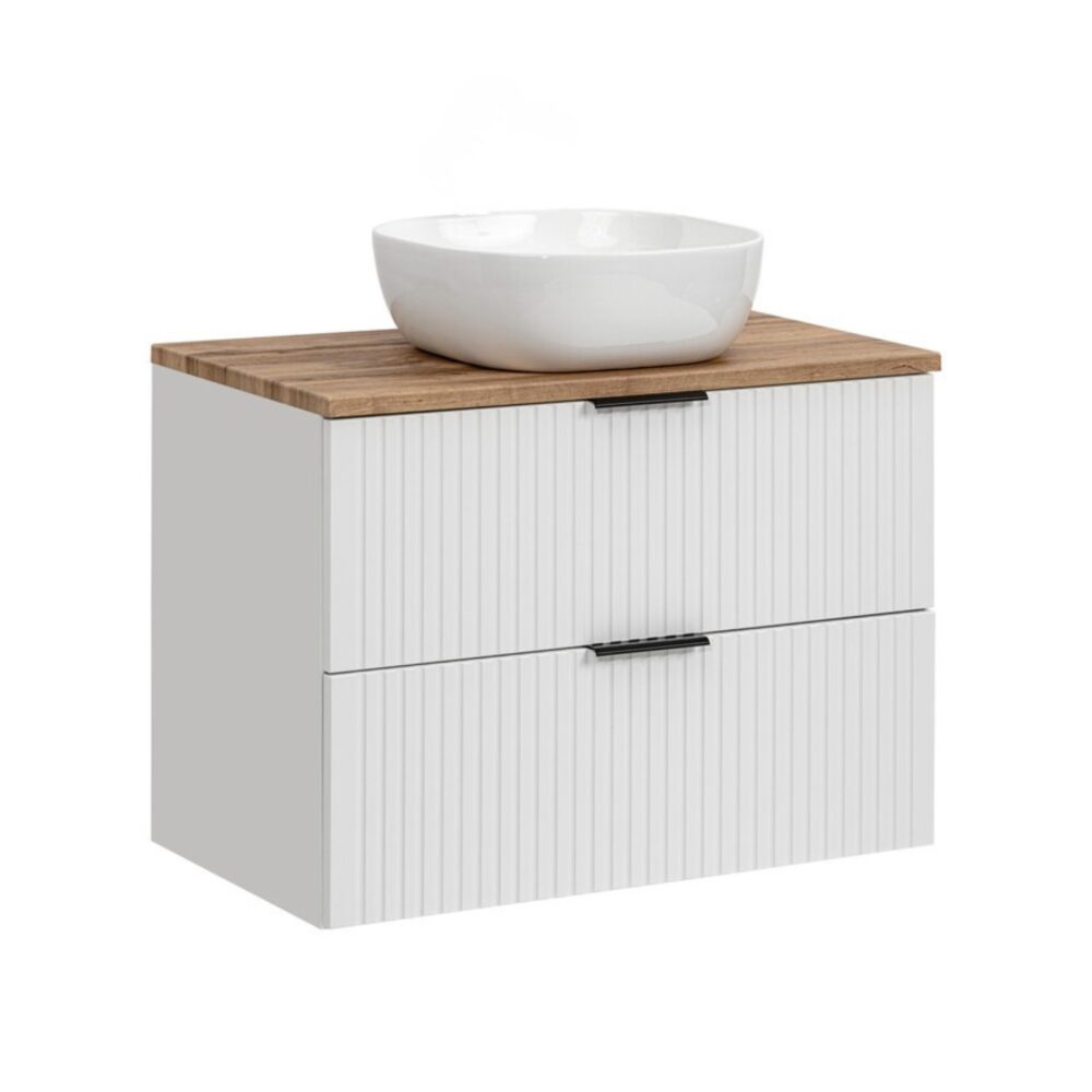 Hängeschrank mit Waschbecken und Arbeitsplatte ADEN – Weiß – Arbeitsplatte in Wotan-Eiche – 2 Schubladen – 80 x 75 x 46 cm – Bild 1
