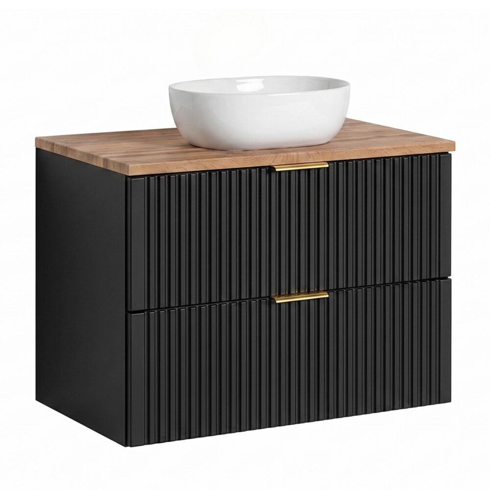 Hängeschrank mit Waschbecken und Arbeitsplatte ADEN – Schwarz – Arbeitsplatte in Wotan-Eiche – 2 Schubladen – 80 x 75 x 46 cm