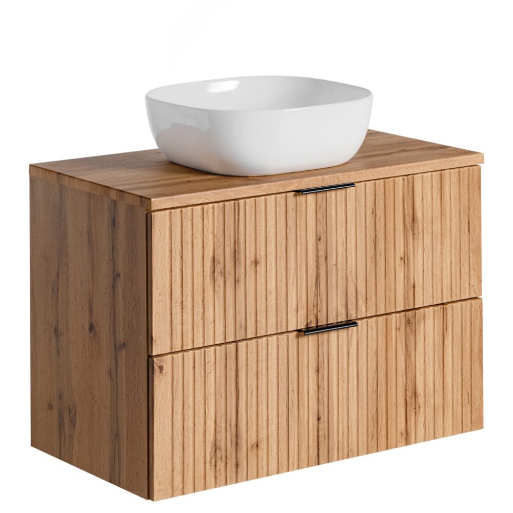 Hängeschrank mit Waschbecken und Arbeitsplatte ADEN – Wotan-Eiche – gefräste Fronten – 2 Schubladen – 80 x 75 x 46 cm