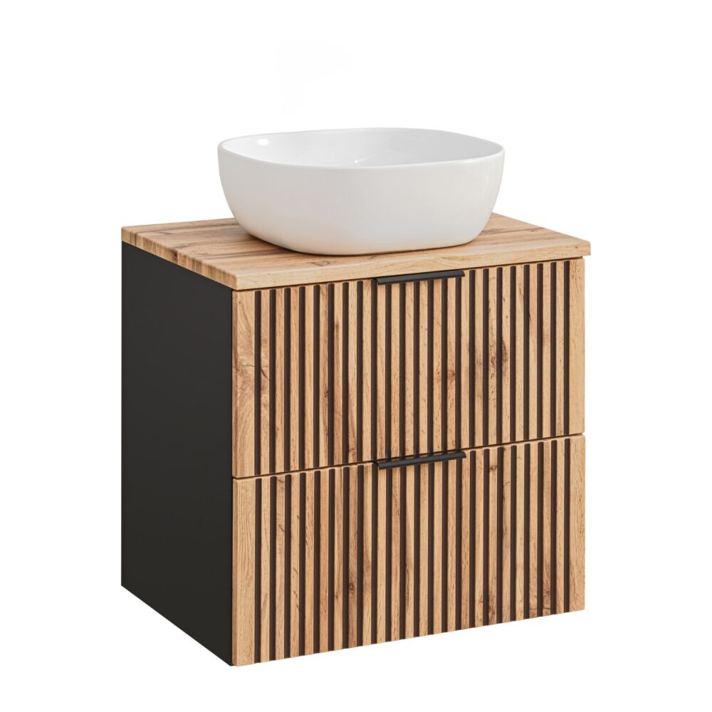 Hängeschrank mit Waschbecken und Arbeitsplatte TILO – schwarzer Korpus – gefräste Fronten in Wotan-Eiche – 2 Schubladen – 60 x 75 x 46 cm