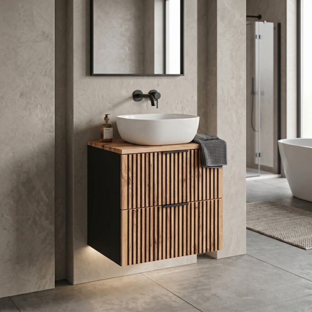 Hängeschrank mit Waschbecken und Arbeitsplatte TILO – schwarzer Korpus – gefräste Fronten in Wotan-Eiche – 2 Schubladen – 60 x 75 x 46 cm – Bild 2