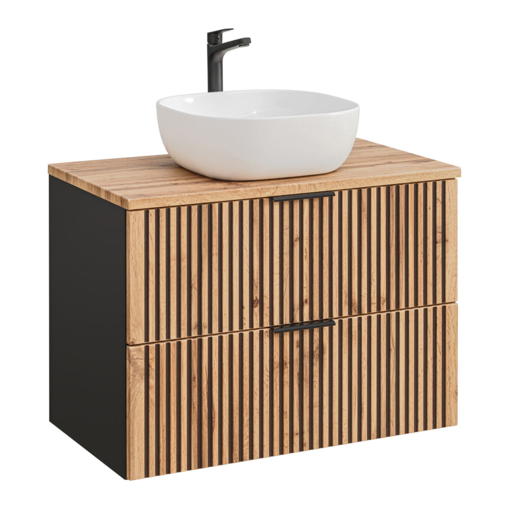 Hängeschrank mit Waschbecken und Arbeitsplatte TILO – schwarzer Korpus – gefräste Fronten in Wotan-Eiche – 2 Schubladen – 80 x 75 x 46 cm – Bild 1