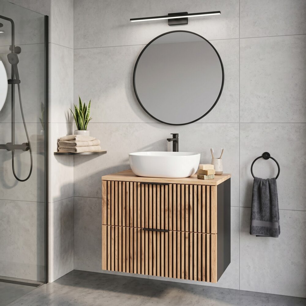 Hängeschrank mit Waschbecken und Arbeitsplatte TILO – schwarzer Korpus – gefräste Fronten in Wotan-Eiche – 2 Schubladen – 80 x 75 x 46 cm – Bild 2