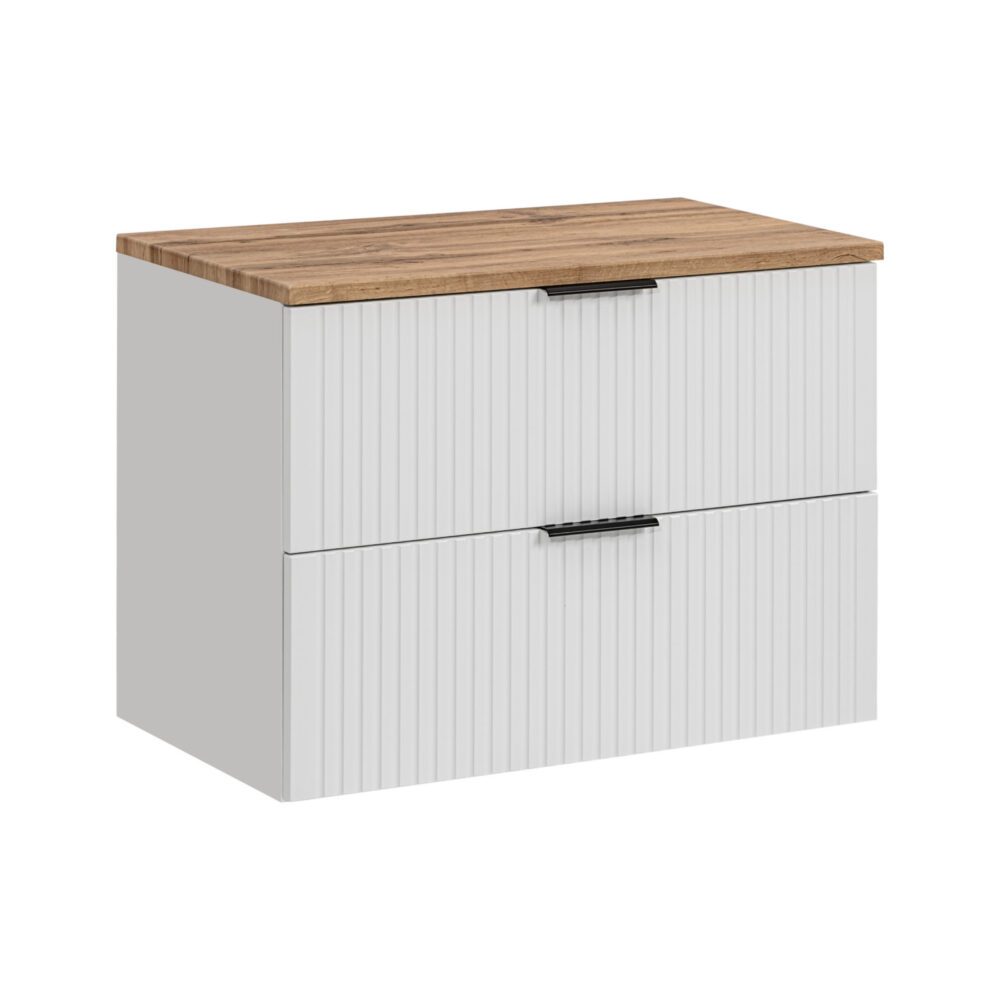 Hängeschrank unter dem Waschbecken mit Arbeitsplatte ADEN – Weiß – Arbeitsplatte in Wotan-Eiche – 2 Schubladen – 80 x 60 x 46 cm