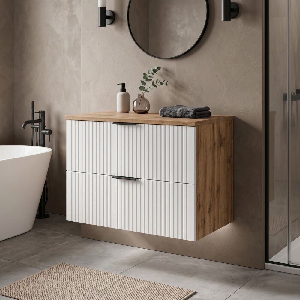 Hängeschrank unter dem Waschbecken mit Arbeitsplatte ADEN – Weiß – Arbeitsplatte in Wotan-Eiche – 2 Schubladen – 80 x 60 x 46 cm – Bild 2