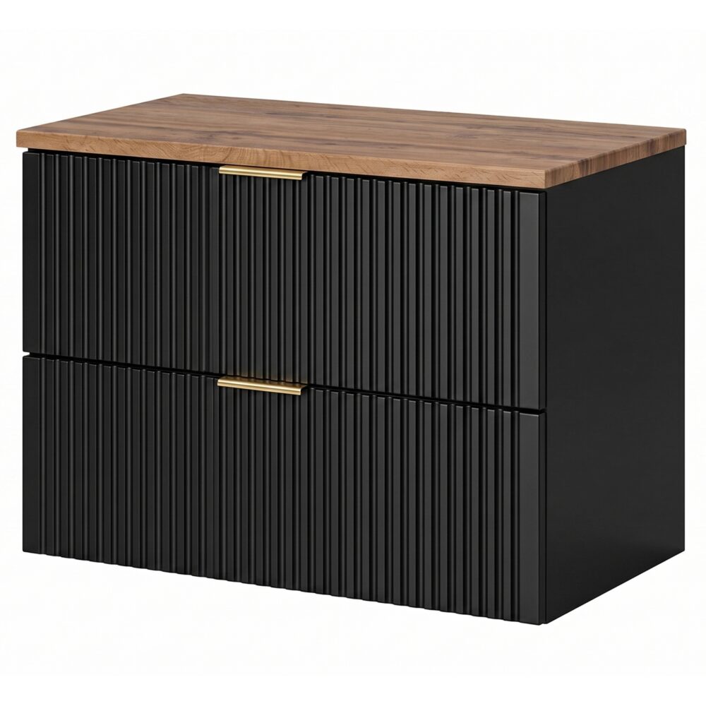 Hängeschrank unter dem Waschbecken mit Arbeitsplatte ADEN – Schwarz – Arbeitsplatte in Wotan-Eiche – 2 Schubladen – 80 x 60 x 46 cm