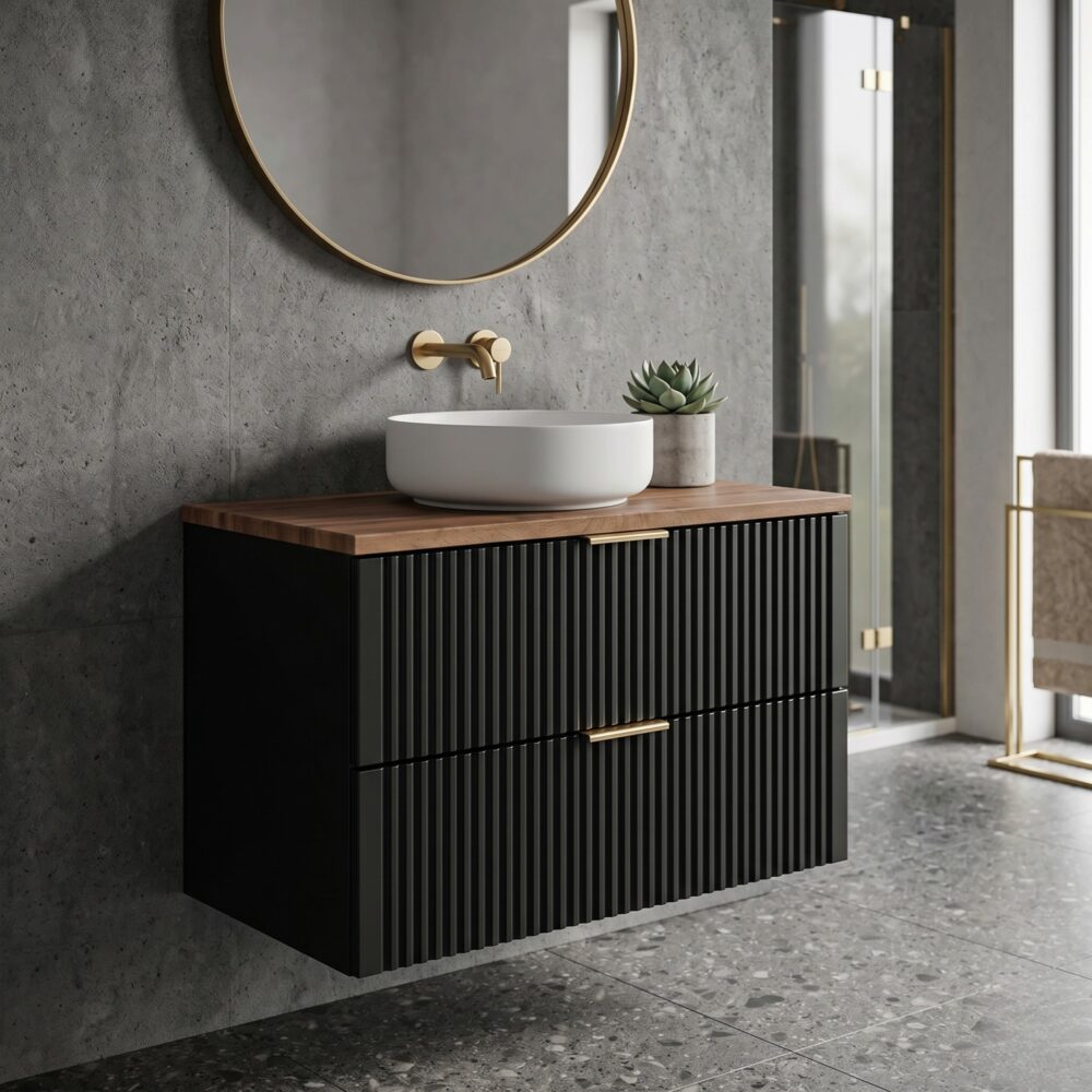 Hängeschrank unter dem Waschbecken mit Arbeitsplatte ADEN – Schwarz – Arbeitsplatte in Wotan-Eiche – 2 Schubladen – 80 x 60 x 46 cm – Bild 2