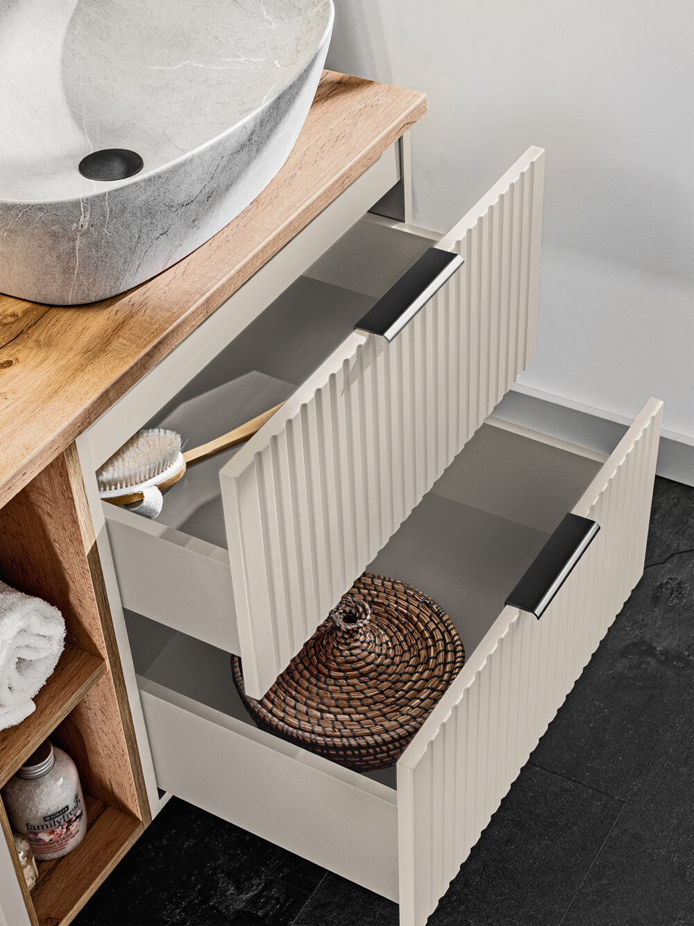 Hängeschrank unter dem Waschbecken mit Arbeitsplatte ADEN – Kaschmir – Arbeitsplatte in Wotan-Eiche – 2 Schubladen – 80 x 60 x 46 cm – Bild 5