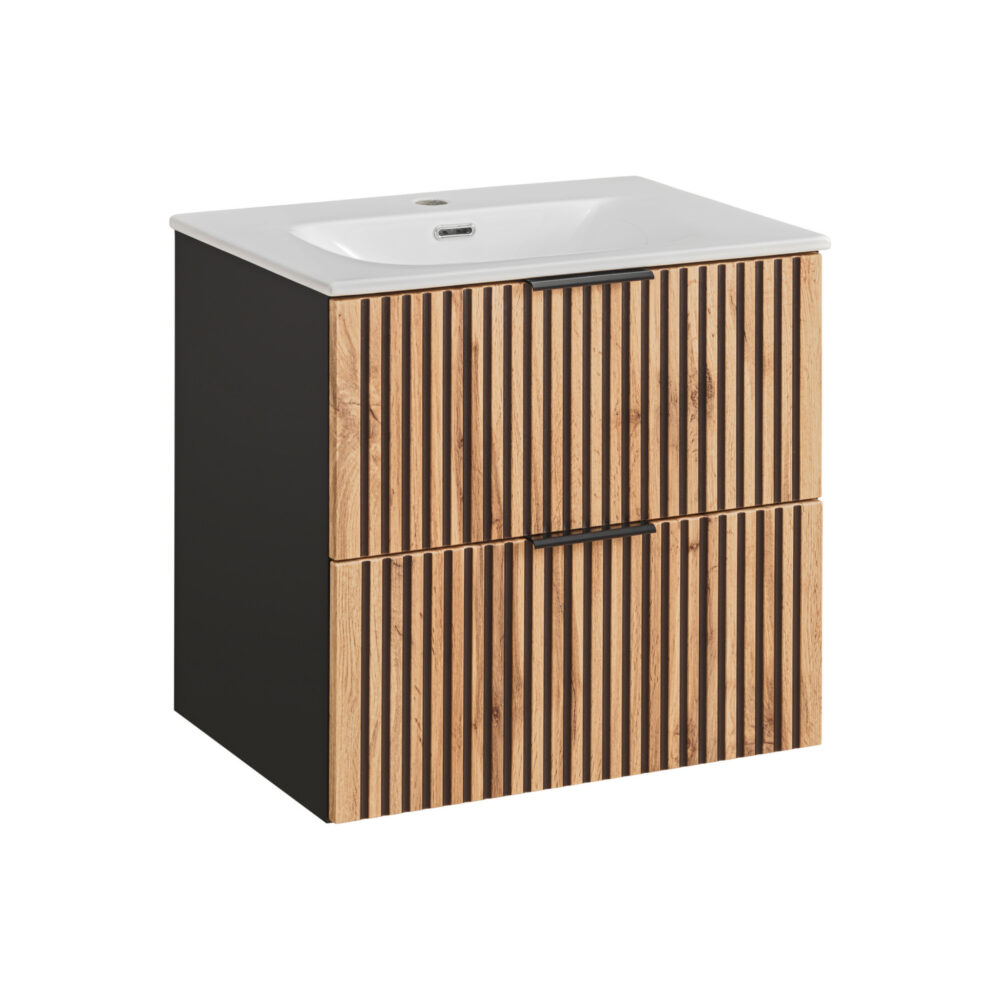 Hängeschrank mit Waschbecken und Siphon TILO – schwarzer Korpus – gefräste Fronten in Wotan-Eiche – 2 Schubladen – 60 x 60 x 46 cm