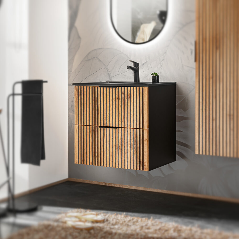 Hängeschrank mit Waschbecken und Siphon TILO – schwarzer Korpus – gefräste Fronten in Wotan-Eiche – 2 Schubladen – 60 x 60 x 46 cm – Bild 2