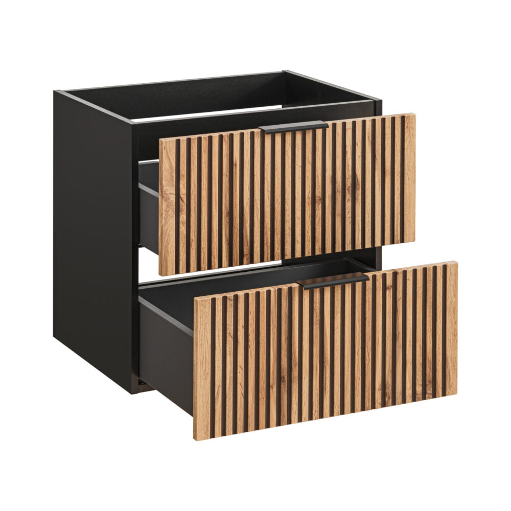 Hängeschrank mit Waschbecken und Siphon TILO – schwarzer Korpus – gefräste Fronten in Wotan-Eiche – 2 Schubladen – 60 x 60 x 46 cm – Bild 3