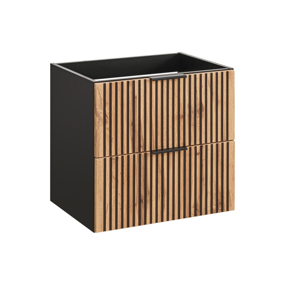 Hängeschrank mit Waschbecken und Siphon TILO – schwarzer Korpus – gefräste Fronten in Wotan-Eiche – 2 Schubladen – 60 x 60 x 46 cm – Bild 6