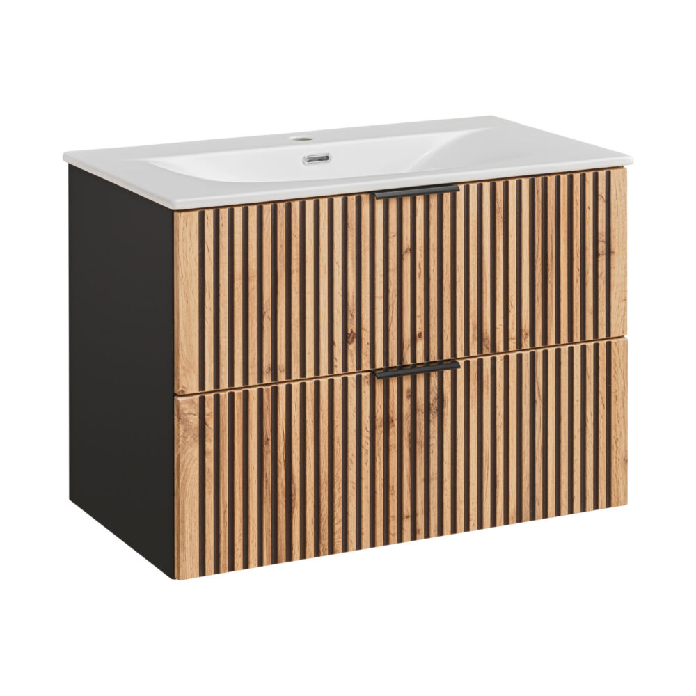 XMEBLAZSETCM00901103_00.jpg Hängeschrank mit Waschbecken und Siphon TILO – schwarzer Korpus – gefräste Fronten in Wotan-Eiche – 2 Schubladen – 80 x 60 x 46 cm – Bild 1