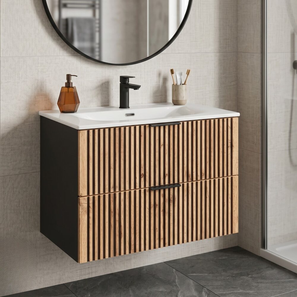 Hängeschrank mit Waschbecken und Siphon TILO – schwarzer Korpus – gefräste Fronten in Wotan-Eiche – 2 Schubladen – 80 x 60 x 46 cm – Bild 2