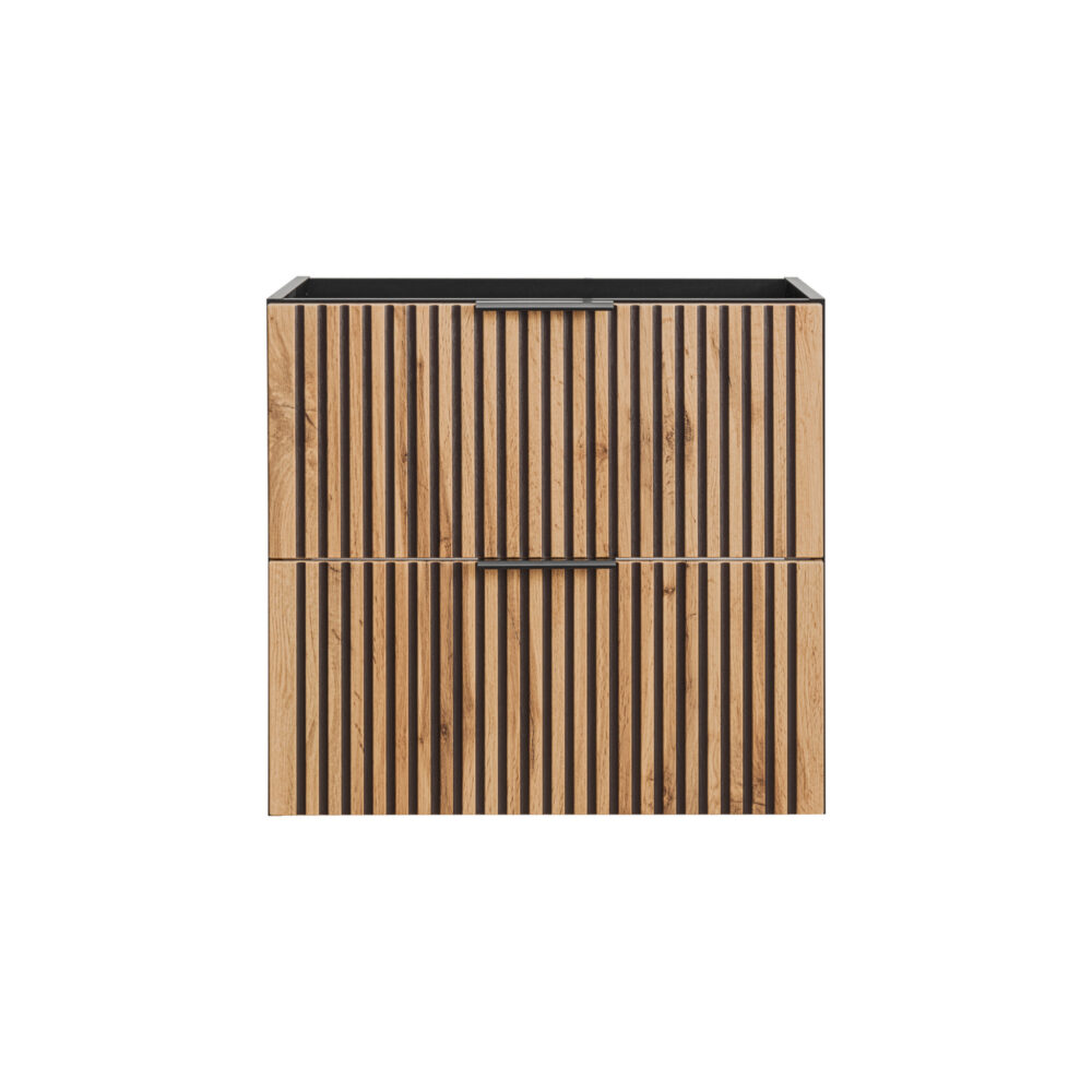 Hängeschrank mit Waschbecken und Siphon TILO – schwarzer Korpus – gefräste Fronten in Wotan-Eiche – 2 Schubladen – 80 x 60 x 46 cm – Bild 4