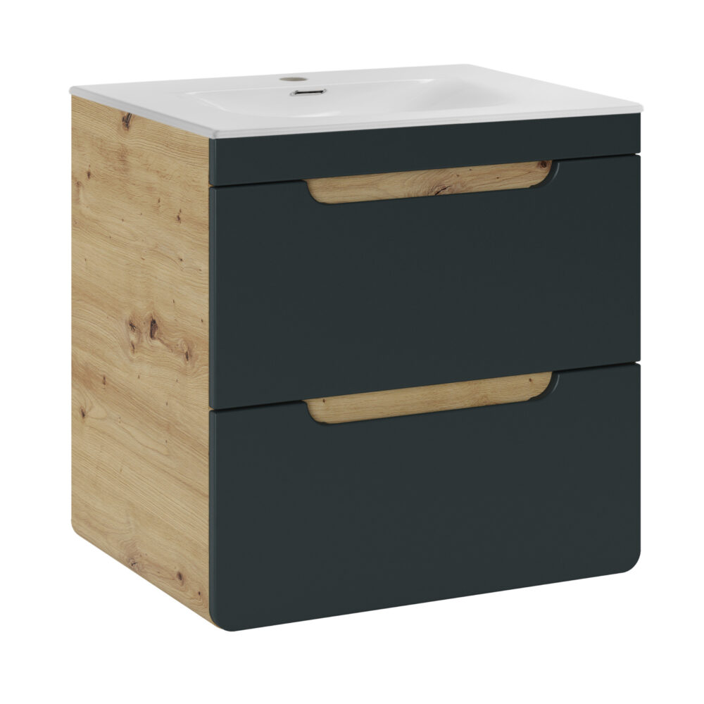 Hängeschrank mit Waschbecken und Siphon ARVIDA – Eiche – graue Front – 2 Schubladen – 60 x 59 x 46 cm