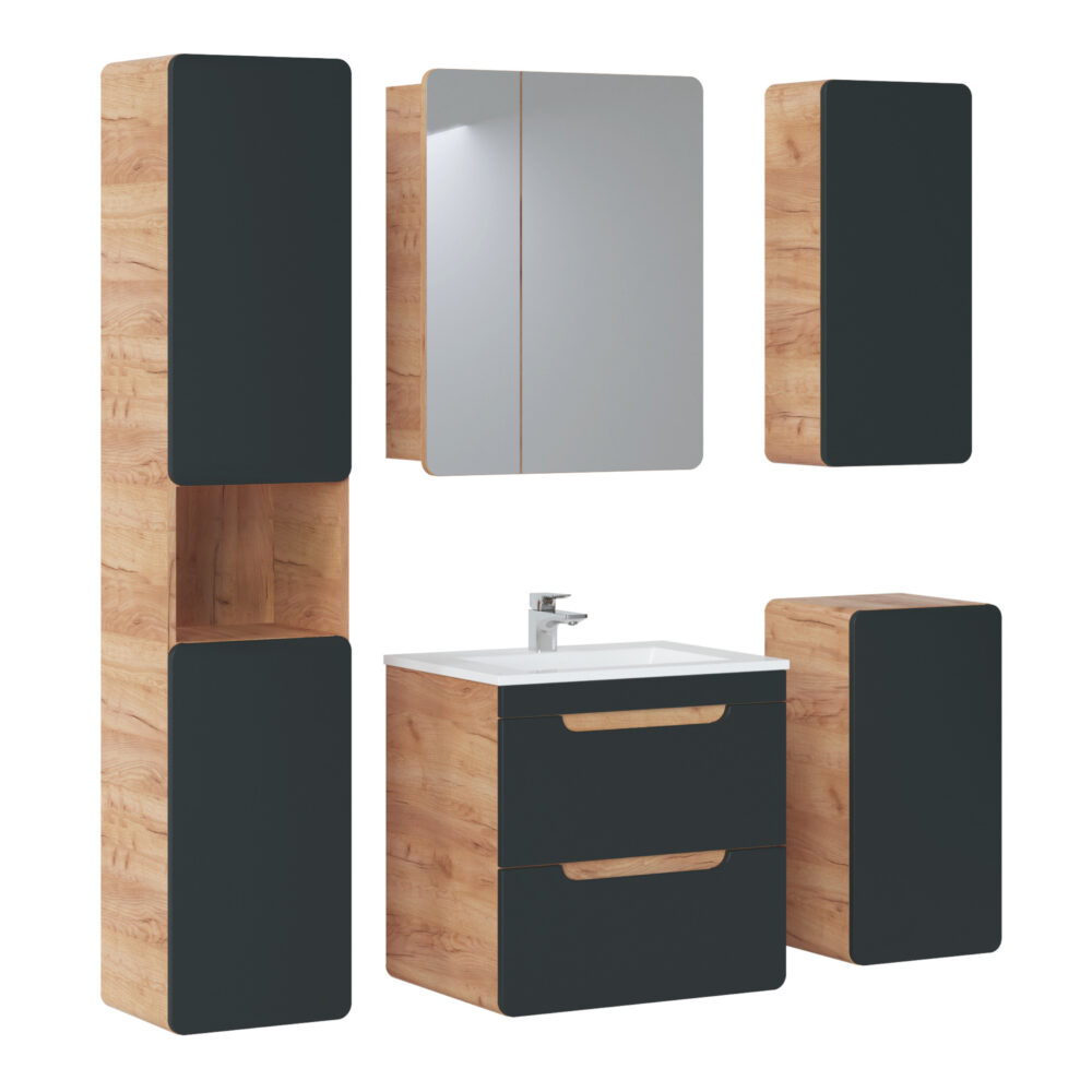 Hängeschrank mit Waschbecken und Siphon ARVIDA – Eiche – graue Front – 2 Schubladen – 60 x 59 x 46 cm – Bild 3