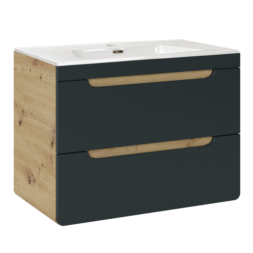 Hängeschrank mit Waschbecken und Siphon ARVIDA – Eiche – graue Front – 2 Schubladen – 80 x 59 x 46 cm