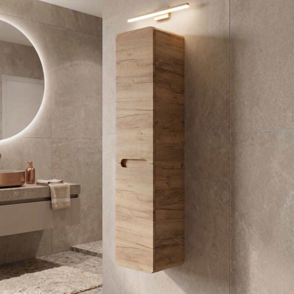 Hoher Badezimmer-Hängeschrank ARVIDA – Eiche – 2 Türen – integrierter Korb – 35 x 170 x 35 cm – Bild 2