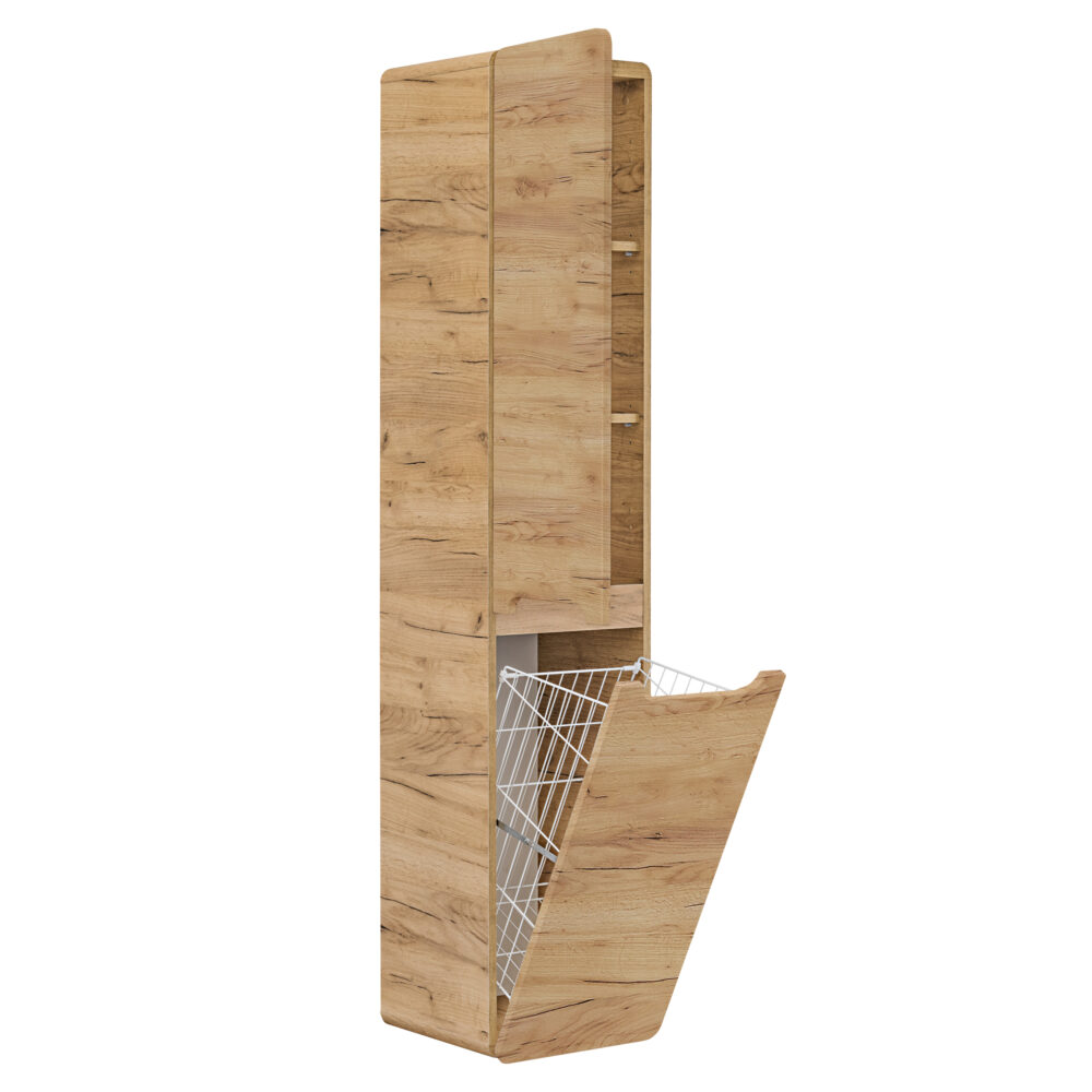 Hoher Badezimmer-Hängeschrank ARVIDA – Eiche – 2 Türen – integrierter Korb – 35 x 170 x 35 cm – Bild 3