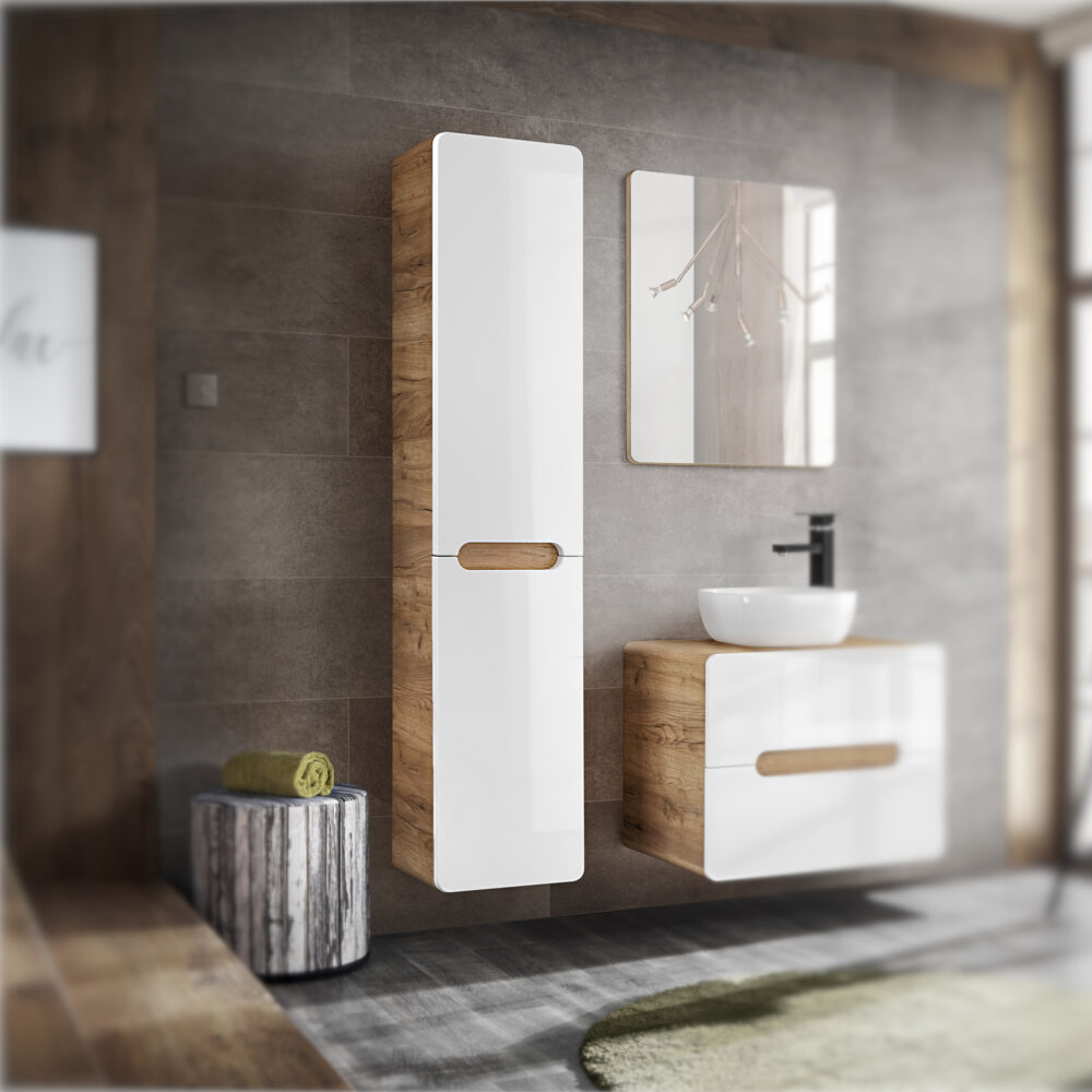 Hoher Badezimmer-Hängeschrank ARVIDA – Weiß – 2 Türen – integrierter Korb – 35 x 170 x 35 cm – Bild 2
