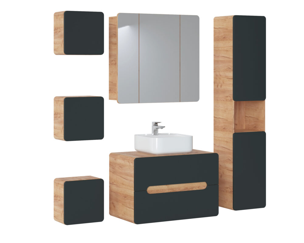Quadratischer Badezimmer-Hängeschrank ARVIDA – Eiche – graue Front – abgerundete Ecken – 35 x 35 x 22 cm – Bild 4