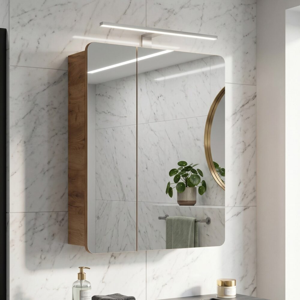 Badezimmer-Hängeschrank mit Spiegel ARVIDA – Eiche – 2 Türen – 60 x 75 x 16 cm – Bild 2