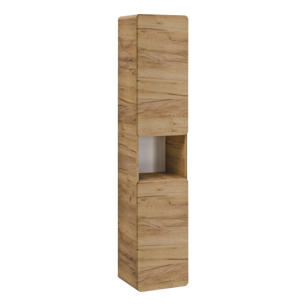Hoher Badezimmer-Hängeschrank ARVIDA – Eiche – 2 Türen – abgerundete Ecken – 35 x 170 x 35 cm