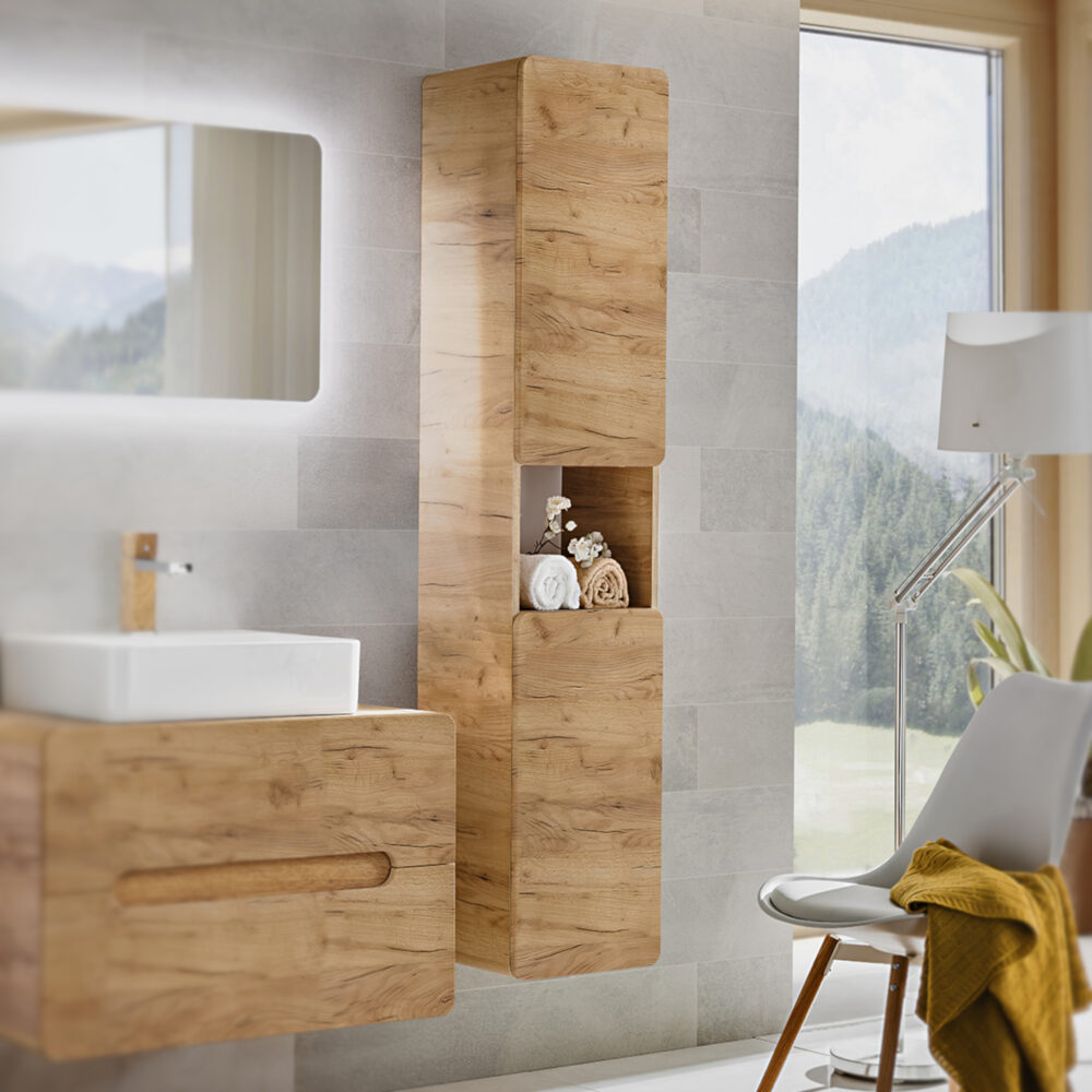 Hoher Badezimmer-Hängeschrank ARVIDA – Eiche – 2 Türen – abgerundete Ecken – 35 x 170 x 35 cm – Bild 2