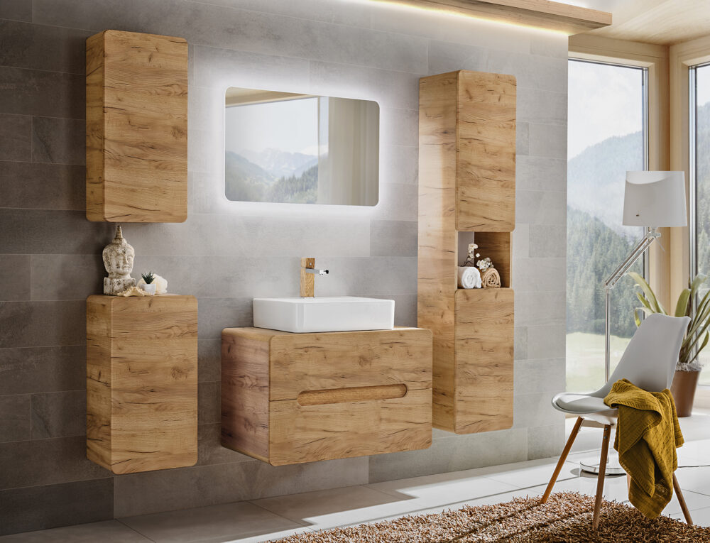 Hoher Badezimmer-Hängeschrank ARVIDA – Eiche – 2 Türen – abgerundete Ecken – 35 x 170 x 35 cm – Bild 4