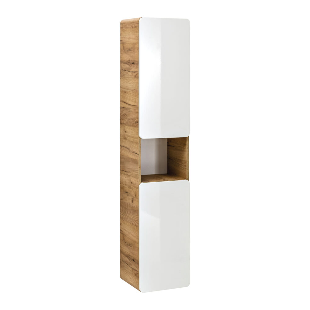 Hoher Badezimmer-Hängeschrank ARVIDA – Eiche – weiße Front – 2 Türen – abgerundete Ecken – 35 x 170 x 35 cm