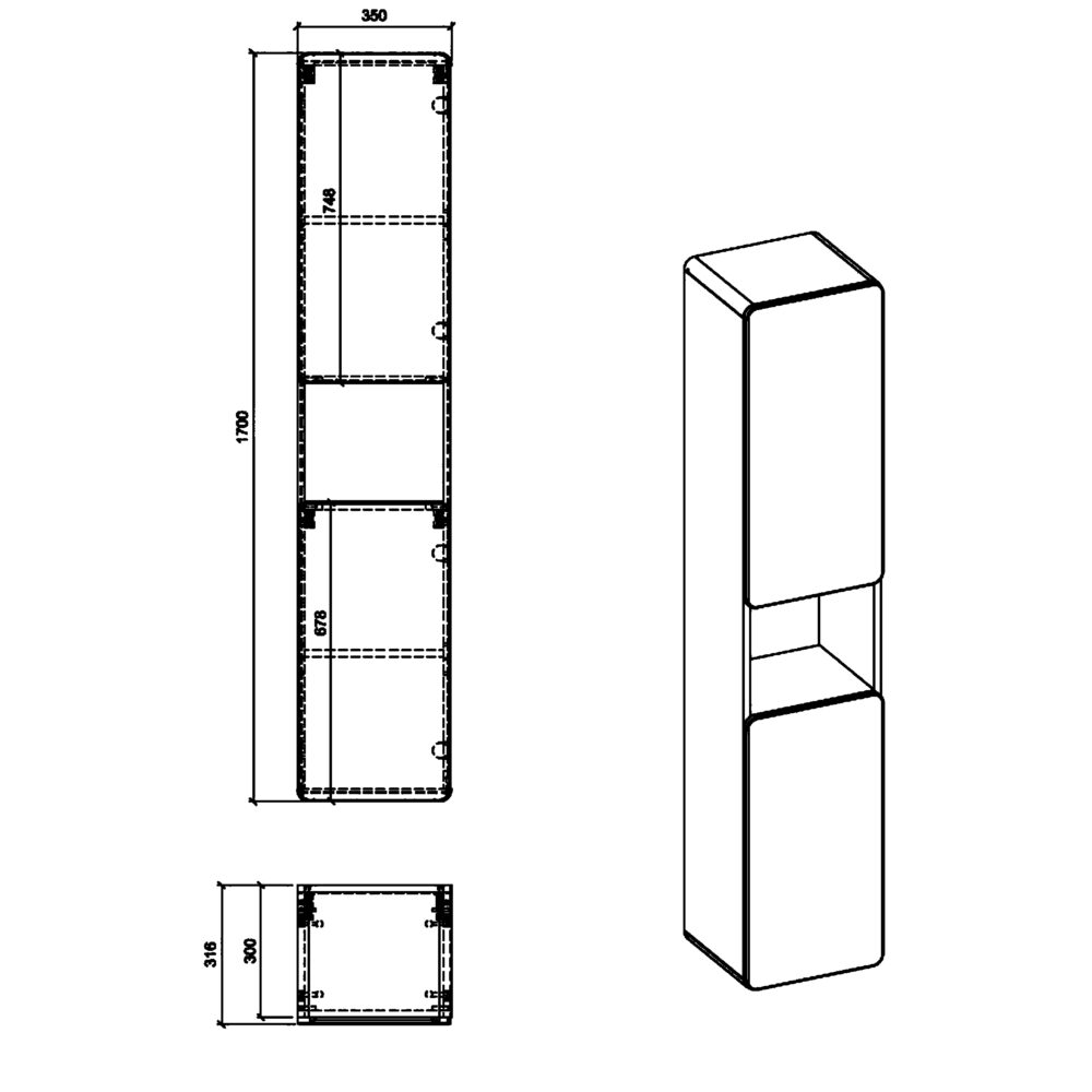 Hoher Badezimmer-Hängeschrank ARVIDA – Eiche – weiße Front – 2 Türen – abgerundete Ecken – 35 x 170 x 35 cm – Bild 3