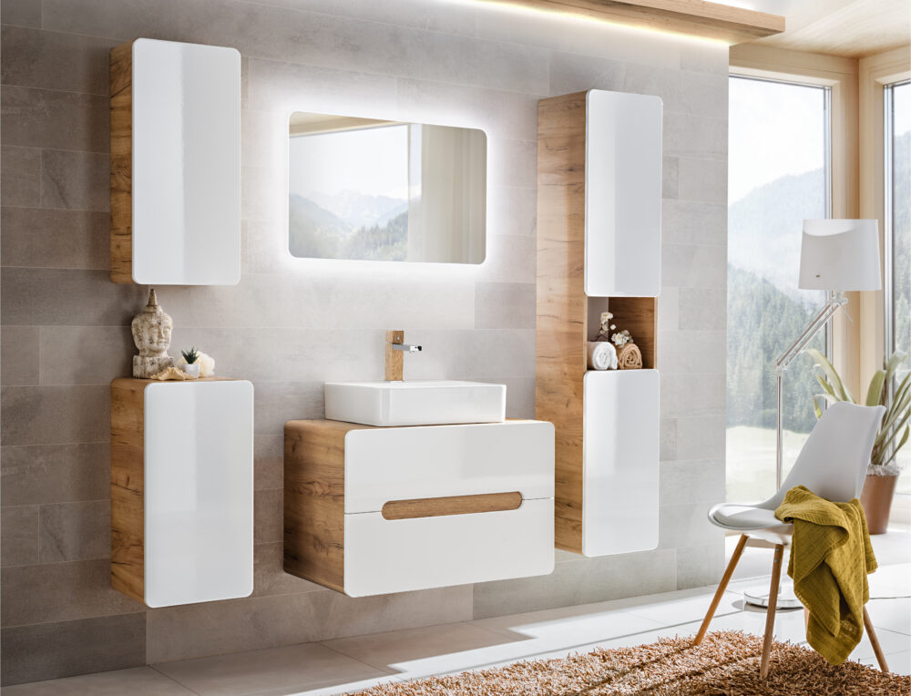Hoher Badezimmer-Hängeschrank ARVIDA – Eiche – weiße Front – 2 Türen – abgerundete Ecken – 35 x 170 x 35 cm – Bild 5