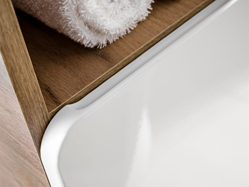 Hoher Badezimmer-Hängeschrank ARVIDA – Eiche – weiße Front – 2 Türen – abgerundete Ecken – 35 x 170 x 35 cm – Bild 11