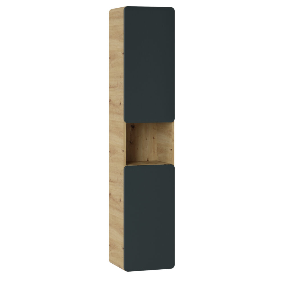 Hoher Badezimmer-Hängeschrank ARVIDA – Eiche – graue Front – 2 Türen – abgerundete Ecken – 35 x 170 x 35 cm