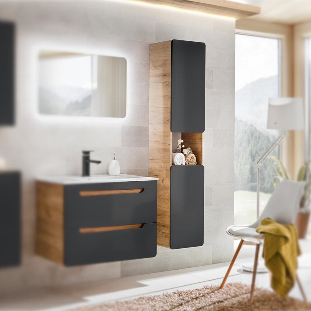 Hoher Badezimmer-Hängeschrank ARVIDA – Eiche – graue Front – 2 Türen – abgerundete Ecken – 35 x 170 x 35 cm – Bild 2