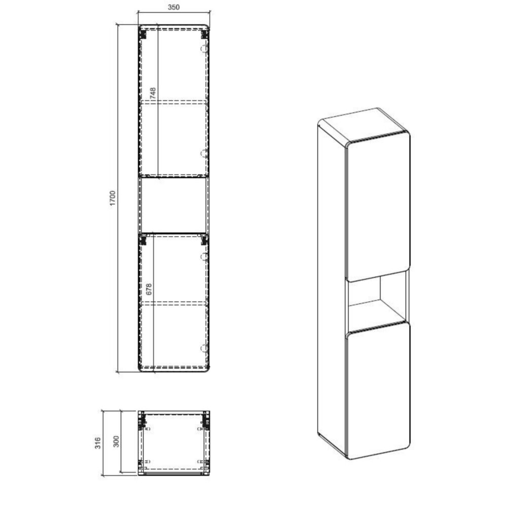 Hoher Badezimmer-Hängeschrank ARVIDA – Eiche – graue Front – 2 Türen – abgerundete Ecken – 35 x 170 x 35 cm – Bild 3