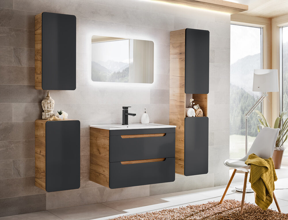 Hoher Badezimmer-Hängeschrank ARVIDA – Eiche – graue Front – 2 Türen – abgerundete Ecken – 35 x 170 x 35 cm – Bild 4