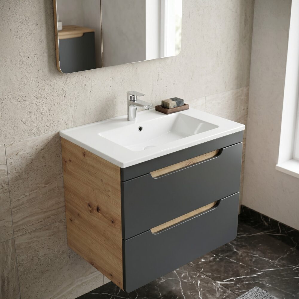 Hängeschrank unter dem Waschbecken ARVIDA – Eiche – graue Front – 2 Schubladen – 60 x 59 x 46 cm – Bild 2