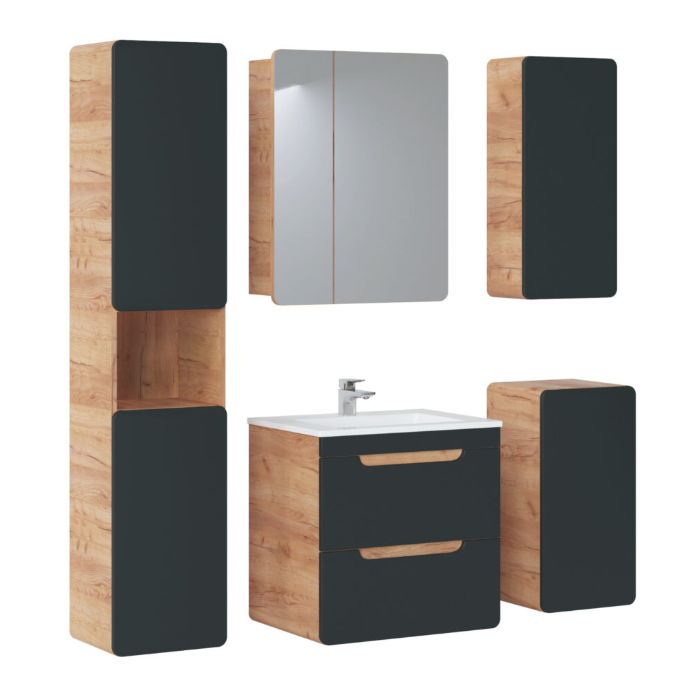 Hängeschrank unter dem Waschbecken ARVIDA – Eiche – graue Front – 2 Schubladen – 60 x 59 x 46 cm – Bild 3
