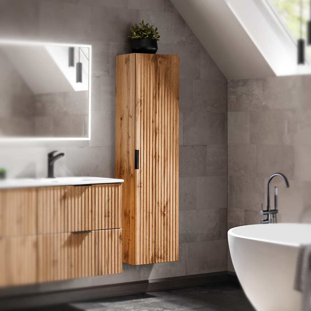 Hoher Badezimmer-Hängeschrank ADEN – Wotan-Eiche – gefräste Fronten – 35 x 140 x 25 cm – Bild 2