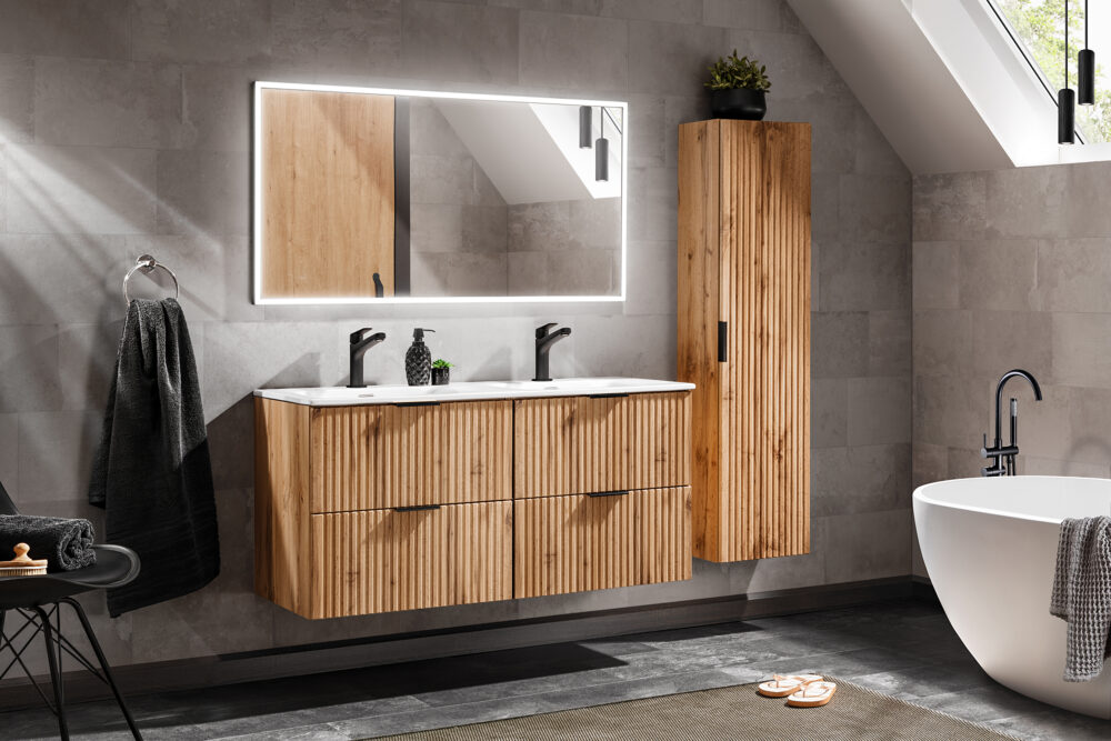 Hoher Badezimmer-Hängeschrank ADEN – Wotan-Eiche – gefräste Fronten – 35 x 140 x 25 cm – Bild 4